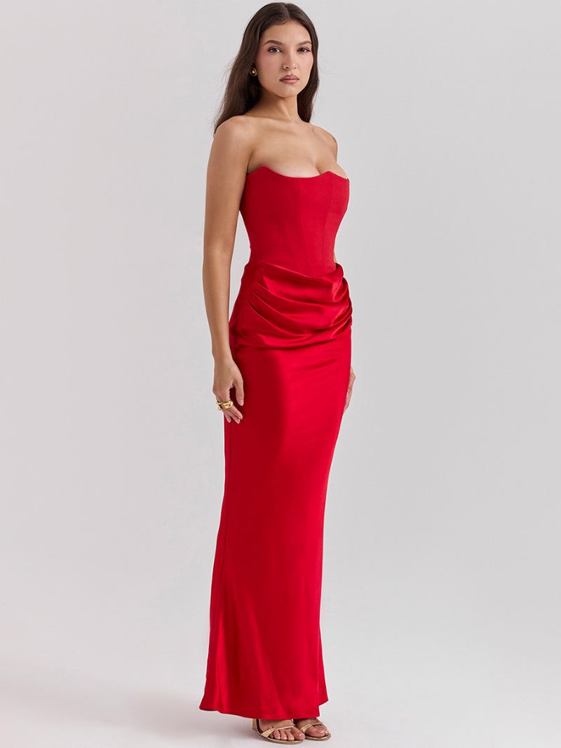 Vestidos Bodycon Femininos Cinza Sem Mangas Plissados Chique Alças Vestido Irregular Com Bainha - Vermelho