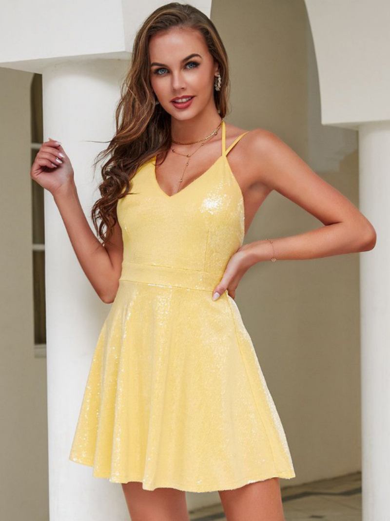 Vestidos Femininos Amarelo Claro Com Decote Em V Frente Única Sem Costas Cadarço Vestido Curto Swing