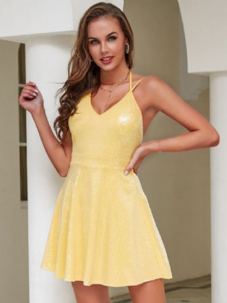 Vestidos Femininos Amarelo Claro Com Decote Em V Frente Única Sem Costas Cadarço Vestido Curto Swing