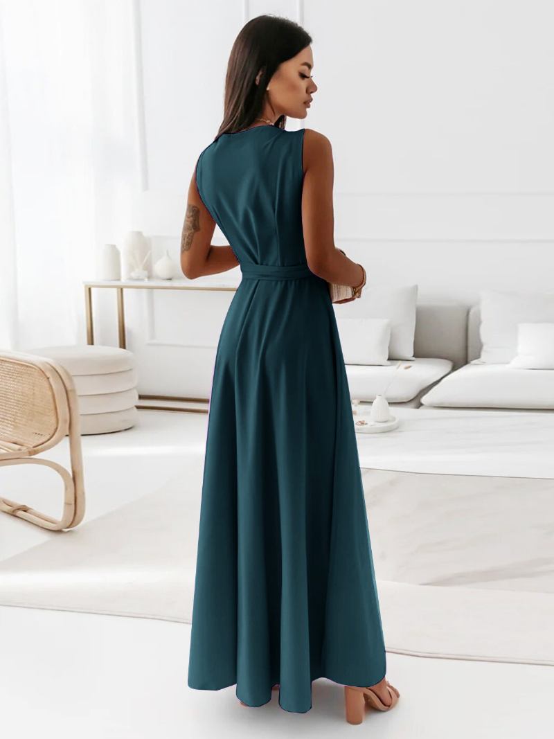 Vestidos Femininos Com Decote Em V Renda Sem Mangas Camadas Vestido Maxi Baile - Verde