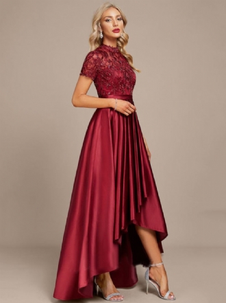 Vestidos Femininos Cor Vinho Gola Alta Renda Manga Curta Vestido Maxi Baile Alto E Baixo