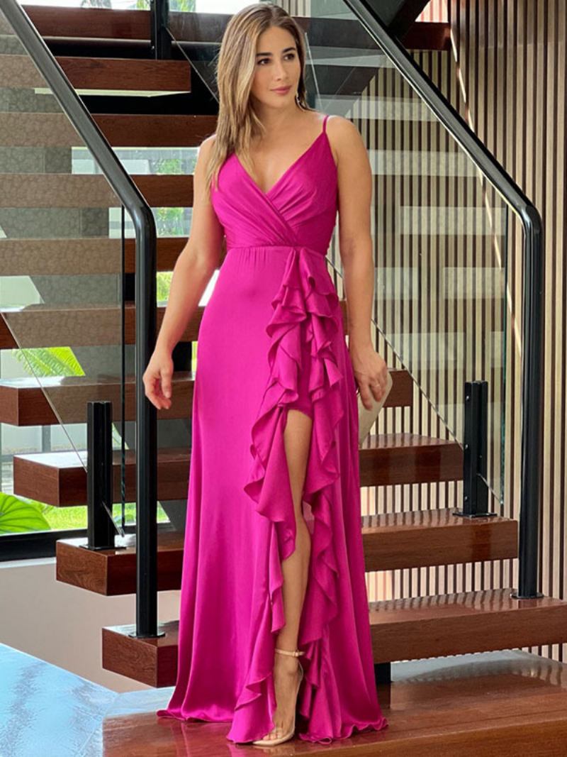 Vestidos Femininos Deslizantes Com Decote Em V E Fenda Alta Vestido Baile Maxi Semi Formal Aniversário