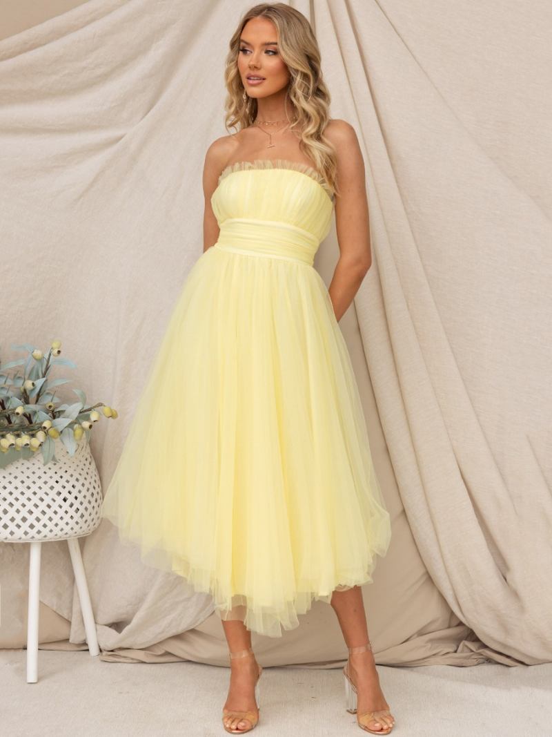 Vestidos Femininos Tule Sem Alças Plissados Fora Do Ombro Em Camadas Vestido Midi Baile - Amarelo