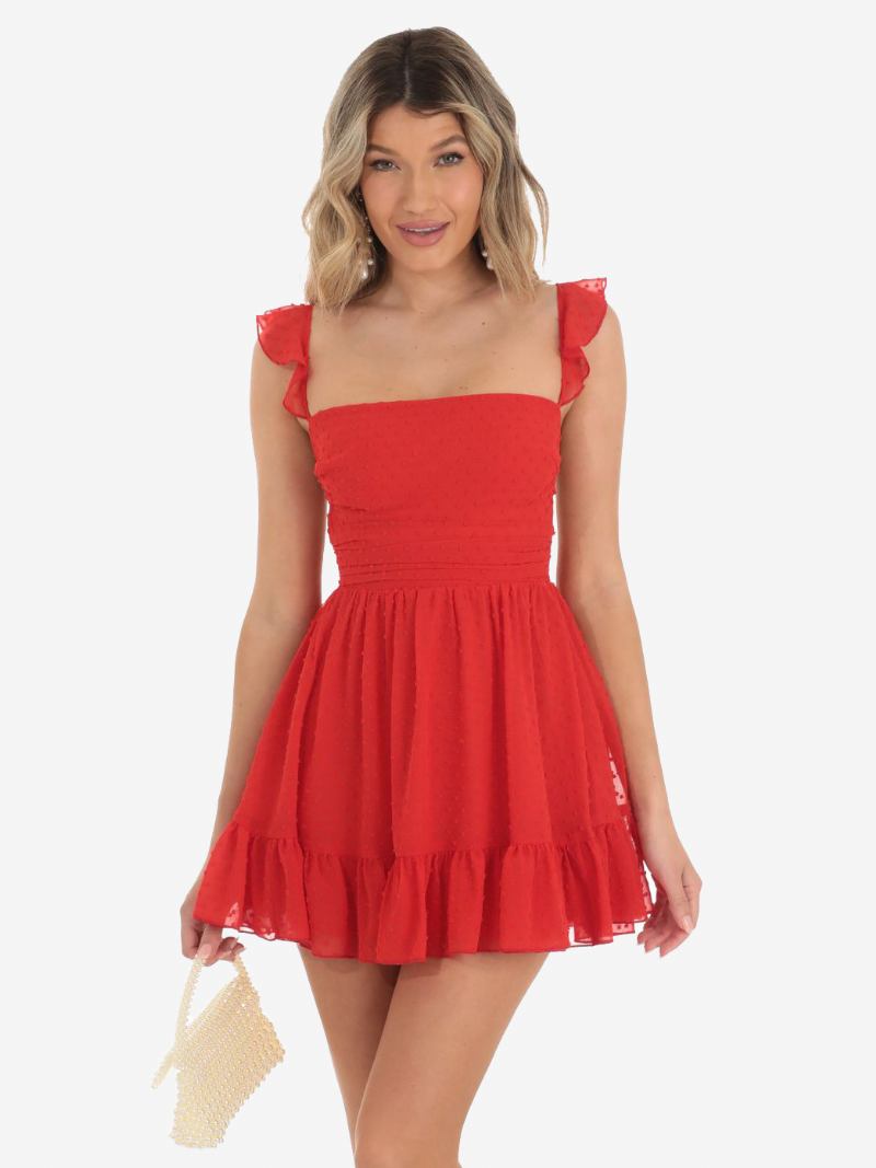 Vestidos Festa Femininos Alças Pretas Pescoço Babados Sem Mangas Vestido Semi Formal - Vermelho