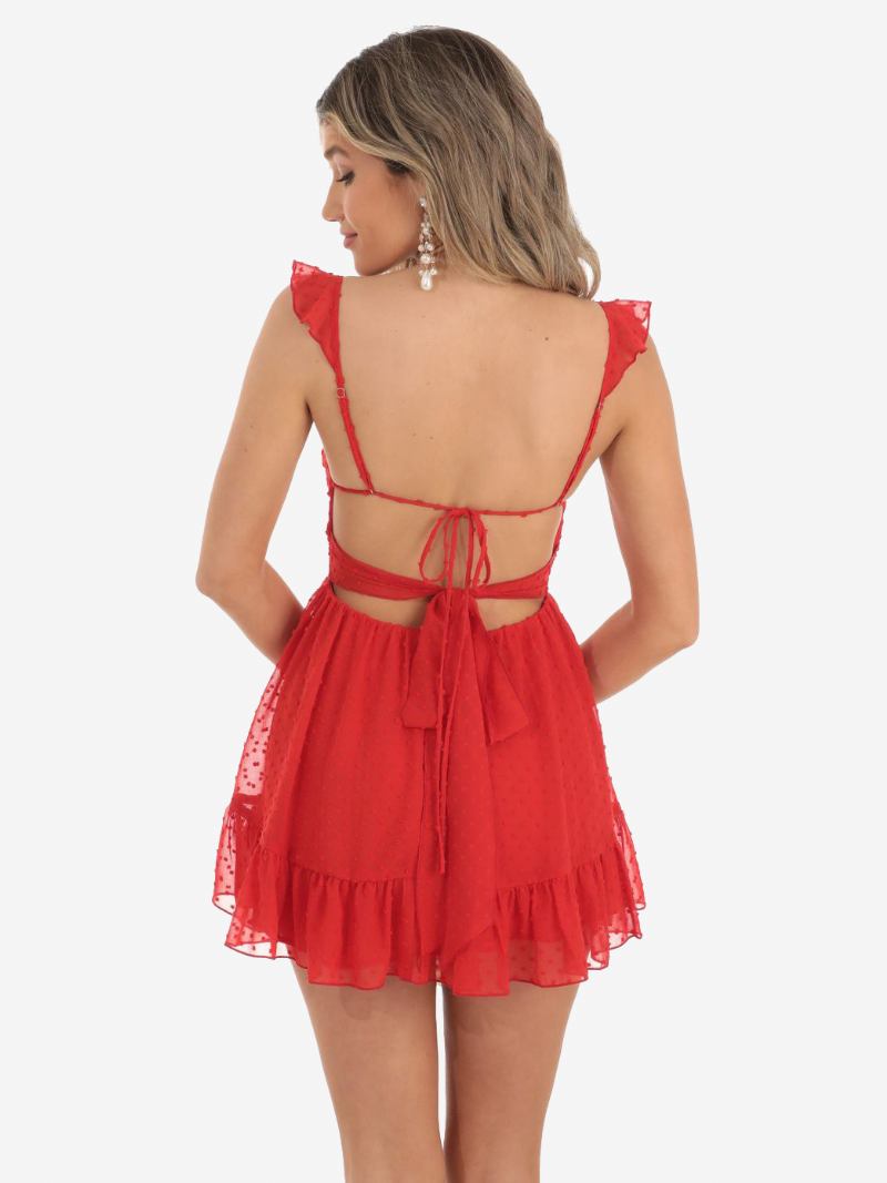 Vestidos Festa Femininos Alças Pretas Pescoço Babados Sem Mangas Vestido Semi Formal - Vermelho