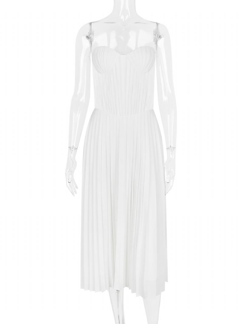 Vestidos Festa Femininos Branco Sem Alças Plissado Mangas Vestido Semi Formal - Branco