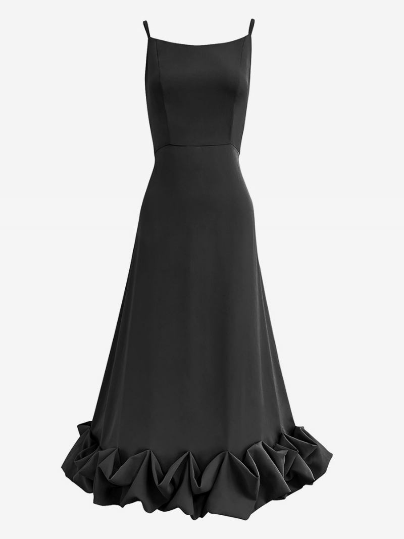 Vestidos Festa Femininos Com Alças Lilás No Pescoço Plissado Sem Mangas Em Camadas Vestido Maxi Baile - Preto