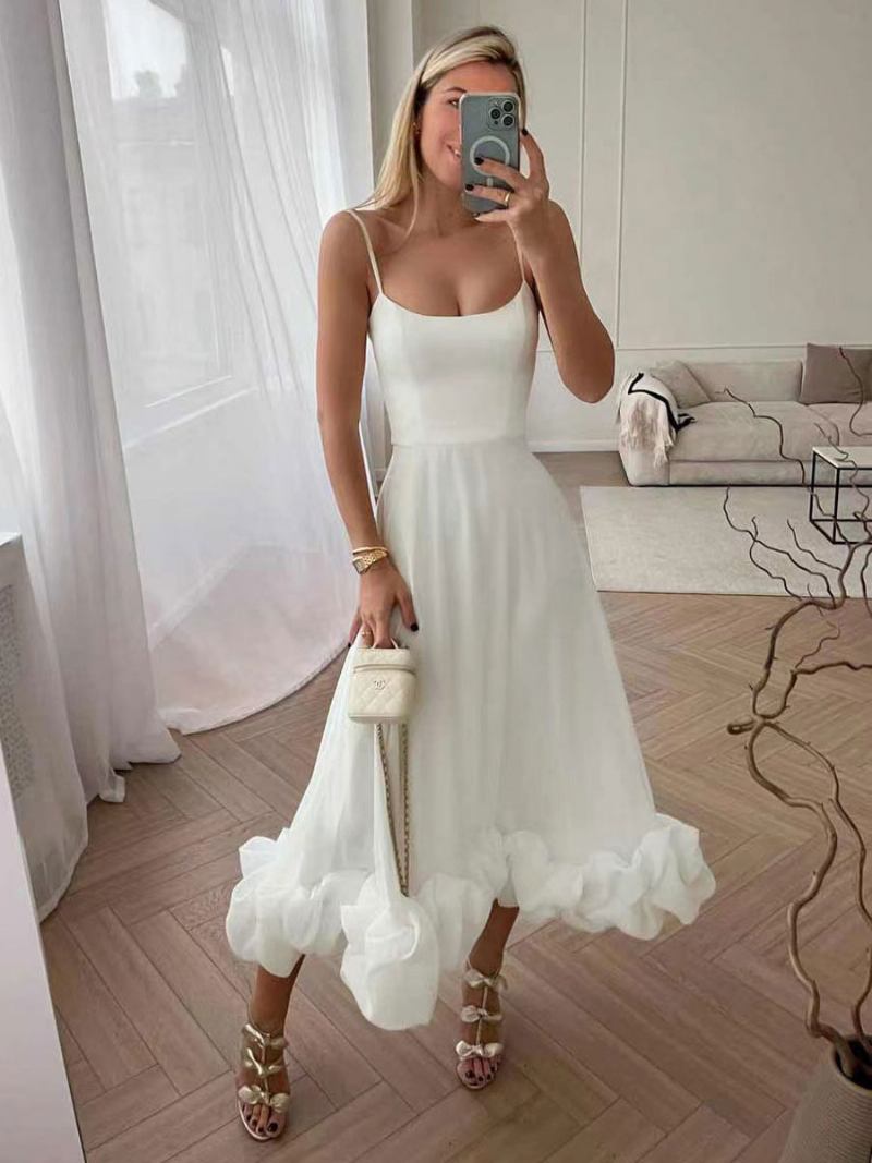 Vestidos Festa Femininos Com Alças Lilás No Pescoço Plissado Sem Mangas Em Camadas Vestido Maxi Baile - Branco