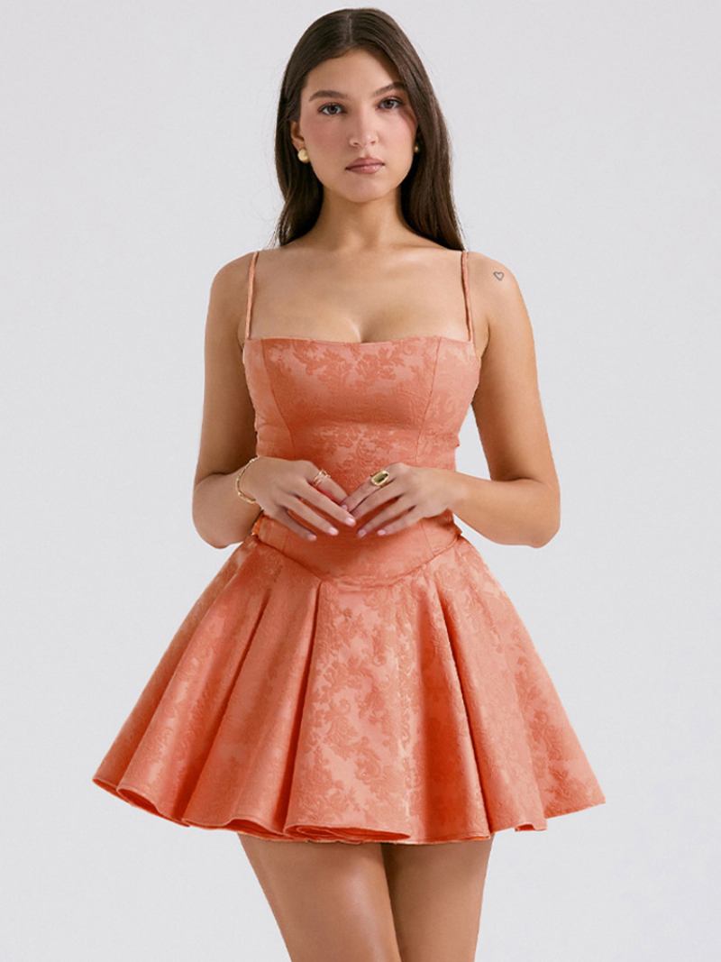 Vestidos Festa Femininos Laranja Alças Pescoço Sem Mangas Vestido Semi Formal - Laranja