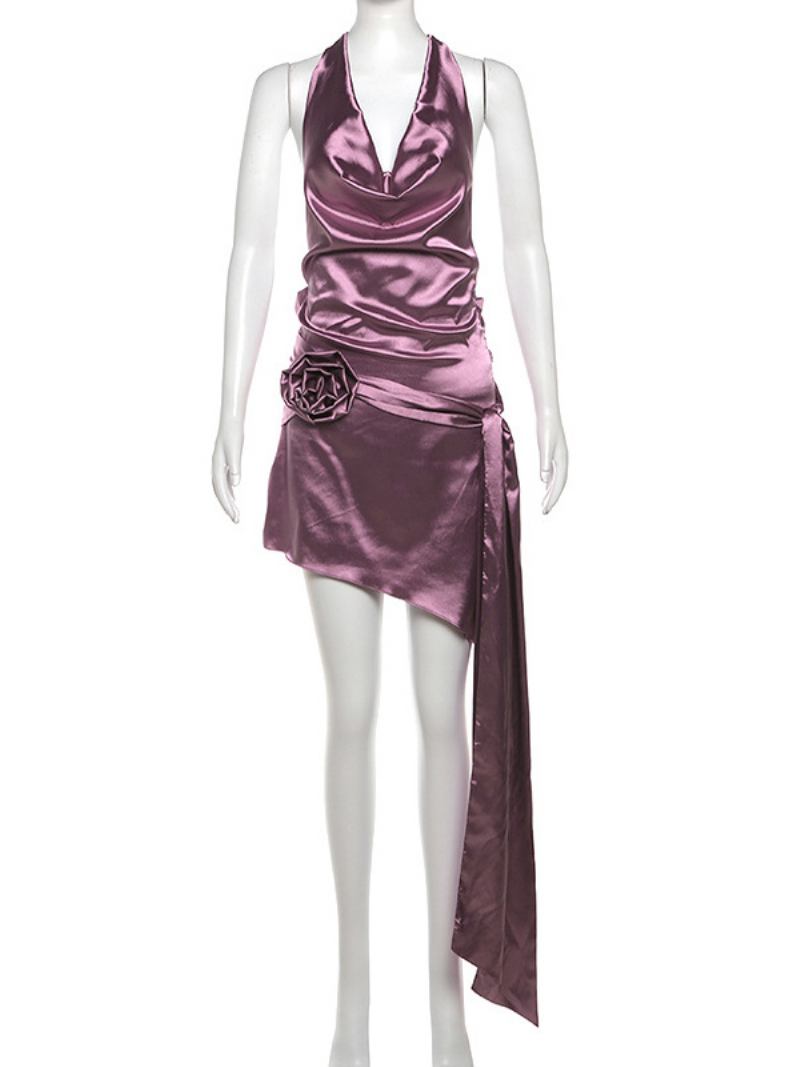 Vestidos Festa Femininos Roxo Com Decote Em V Franja Sem Mangas Vestido Semi Formal Irregular - Roxo