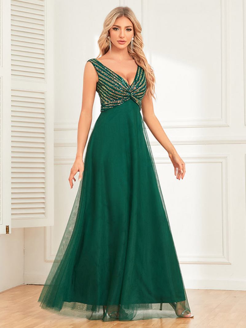 Vestidos Festa Femininos Torcidos Maxi Com Decote Em V Sem Mangas Lantejoulas Vestido Aniversário - Verde Escuro