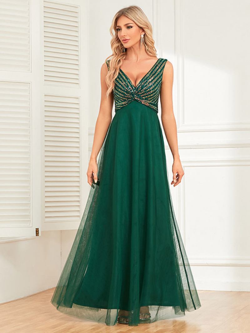 Vestidos Festa Femininos Torcidos Maxi Com Decote Em V Sem Mangas Lantejoulas Vestido Aniversário - Verde Escuro