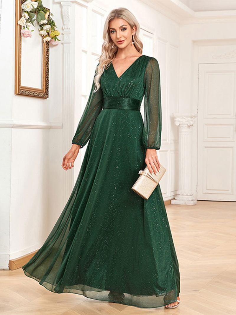 Vestidos Festa Femininos Verde Escuro Com Decote Em V Mangas Compridas Transparente Vestido Maxi Baile - Verde Escuro