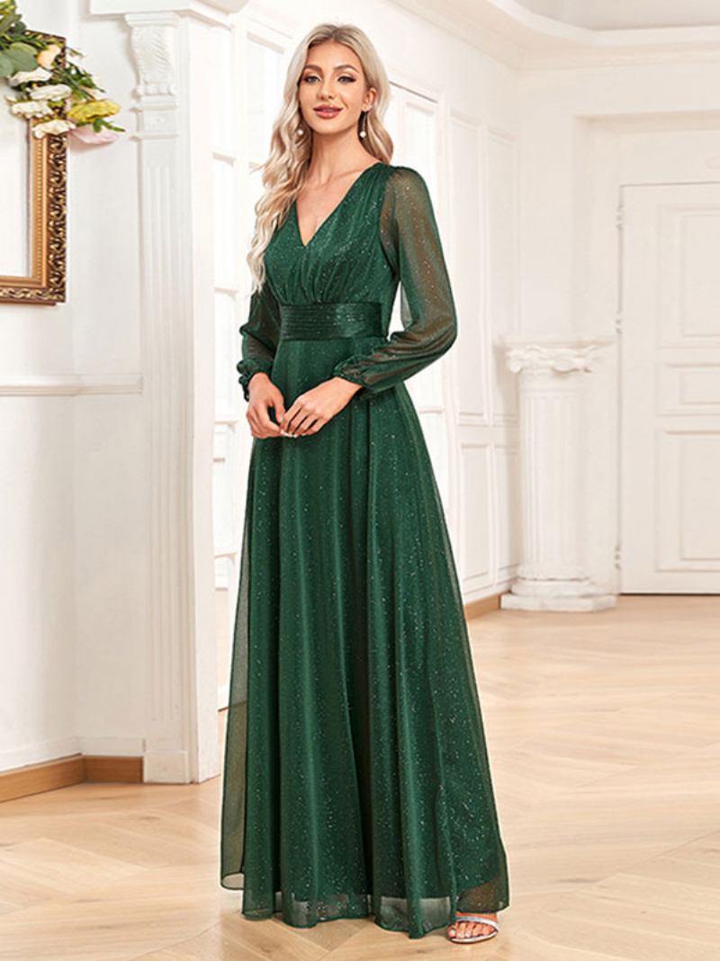 Vestidos Festa Femininos Verde Escuro Com Decote Em V Mangas Compridas Transparente Vestido Maxi Baile - Verde Escuro