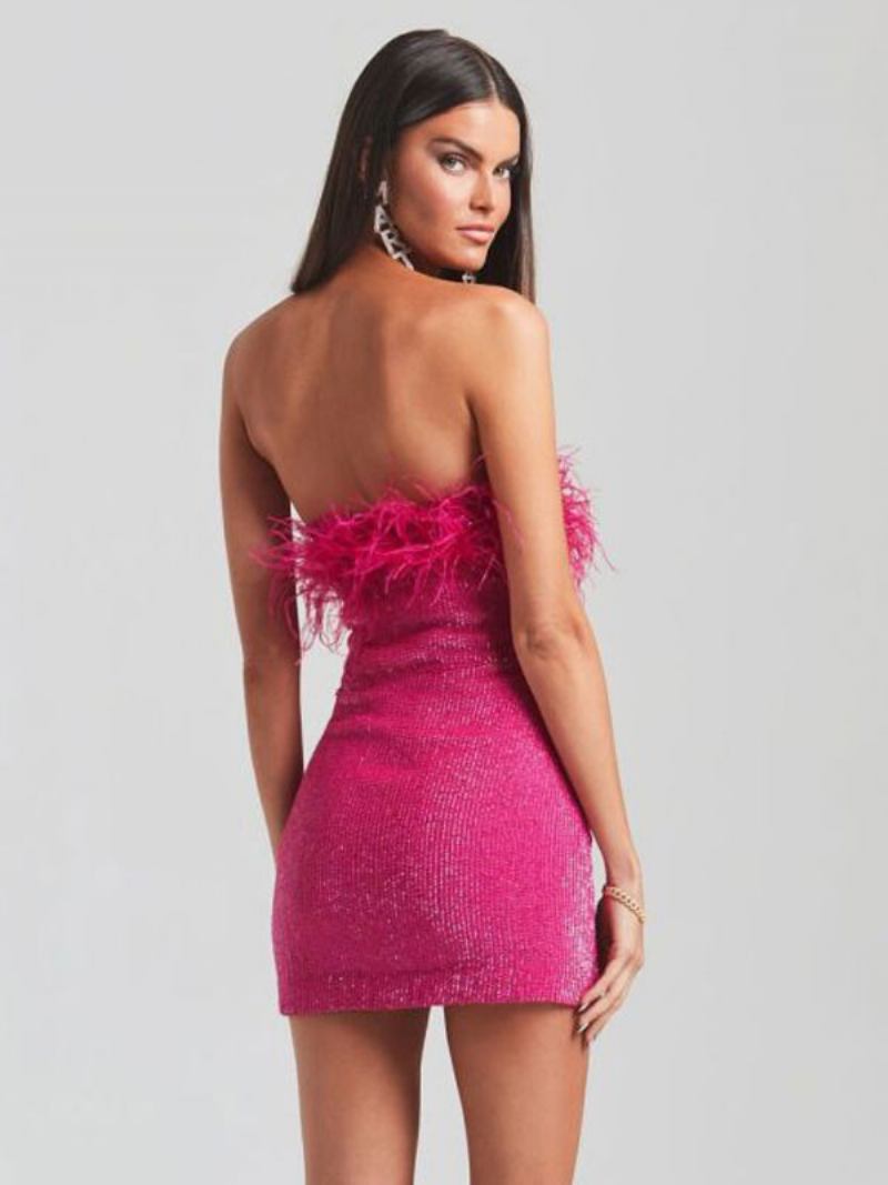 Vestidos Festa Lantejoulas Femininos Sem Mangas Penas Aniversário Mini Vestido Semi Formal - Rosa