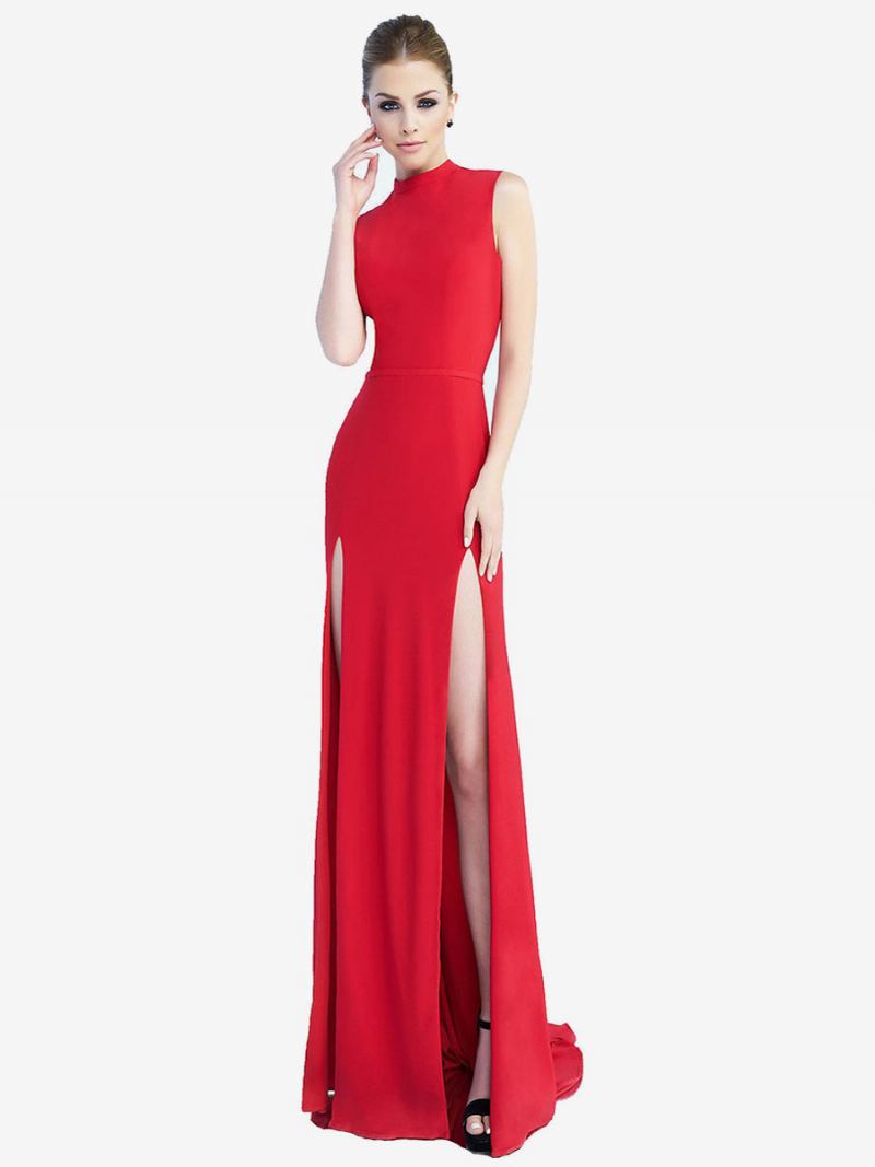 Vestidos Maxi Baile Femininos Com Decote Em Joia Vermelho Sem Mangas Fenda Alta Vestido Semi Formal