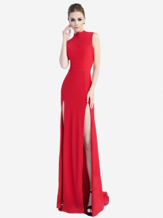 Vestidos Maxi Baile Femininos Com Decote Em Joia Vermelho Sem Mangas Fenda Alta Vestido Semi Formal