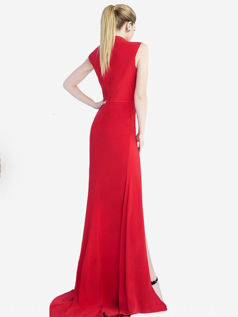 Vestidos Maxi Baile Femininos Com Decote Em Joia Vermelho Sem Mangas Fenda Alta Vestido Semi Formal - Vermelho