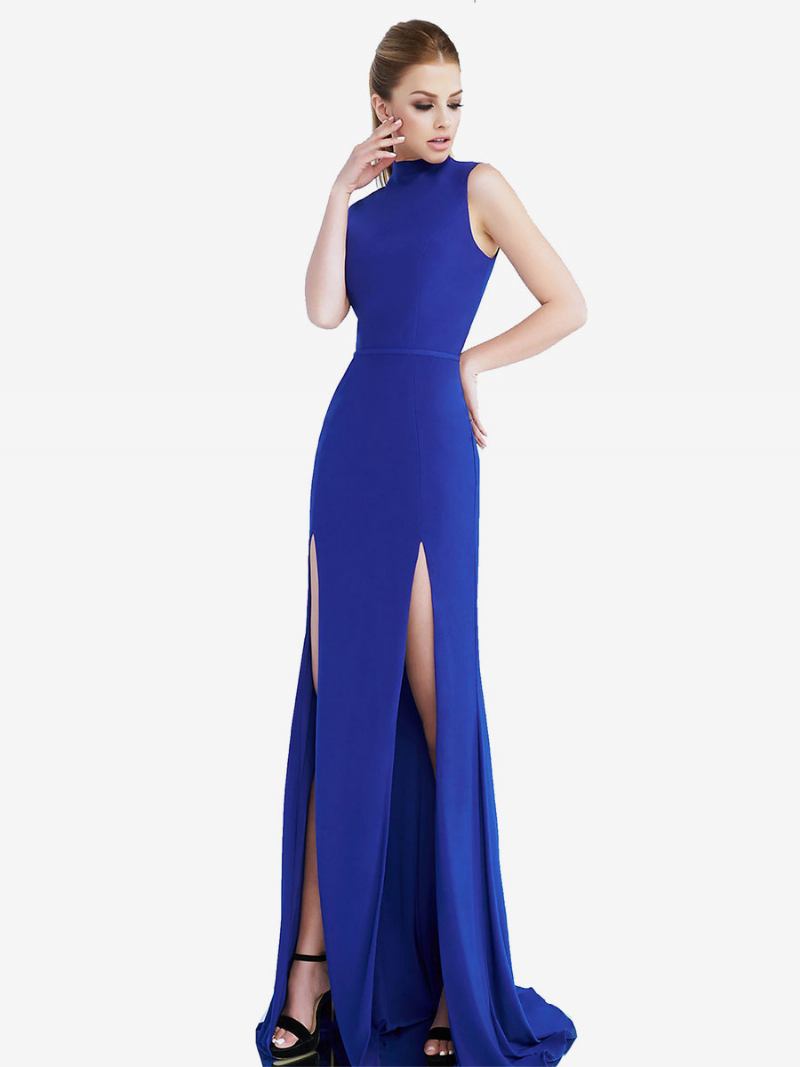 Vestidos Maxi Baile Femininos Com Decote Em Joia Vermelho Sem Mangas Fenda Alta Vestido Semi Formal - Azul