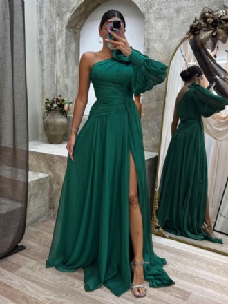 Vestidos Maxi Femininos Baile Vestido Coquetel Plissado Com Um Ombro E Fenda Alta Em Cor Sólida