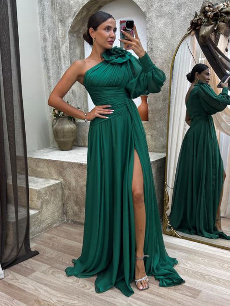 Vestidos Maxi Femininos Baile Vestido Coquetel Plissado Com Um Ombro E Fenda Alta Em Cor Sólida - Verde