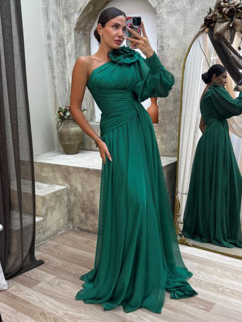 Vestidos Maxi Femininos Baile Vestido Coquetel Plissado Com Um Ombro E Fenda Alta Em Cor Sólida - Verde