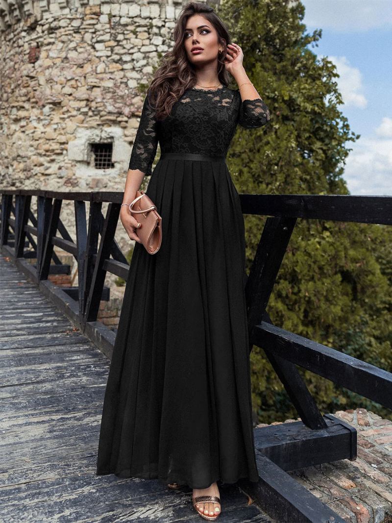 Vestidos Maxi Femininos Com Decote Redondo Corpete Renda Vestido Baile Em Camadas Três Quartos - Preto