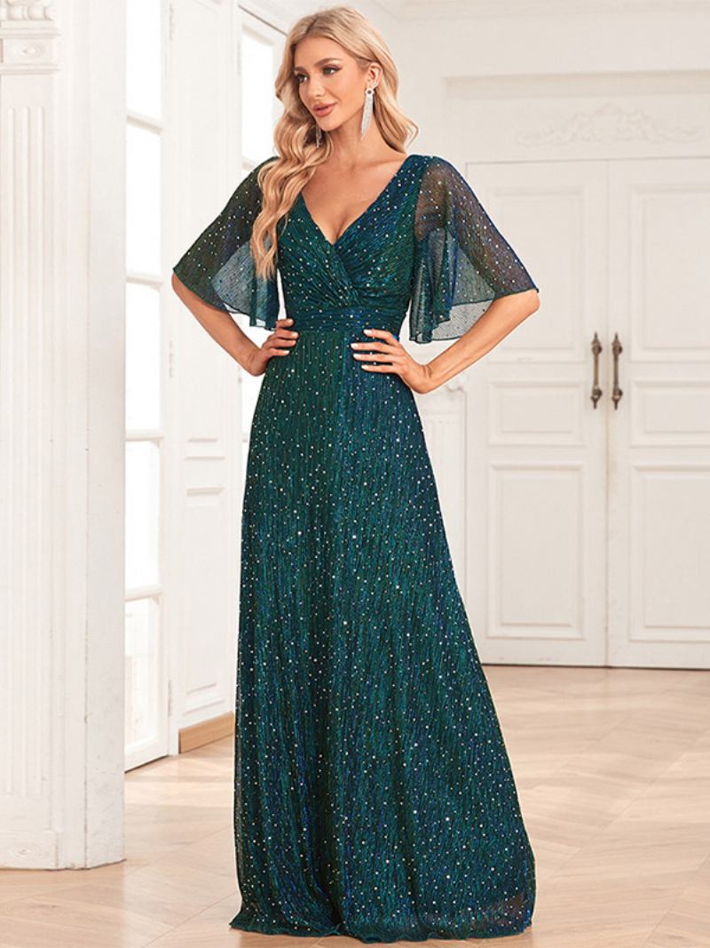 Vestidos Maxi Femininos Lantejoulas Com Decote Em V Sem Costas Evasê Vestido Baile Formatura - Verde Escuro