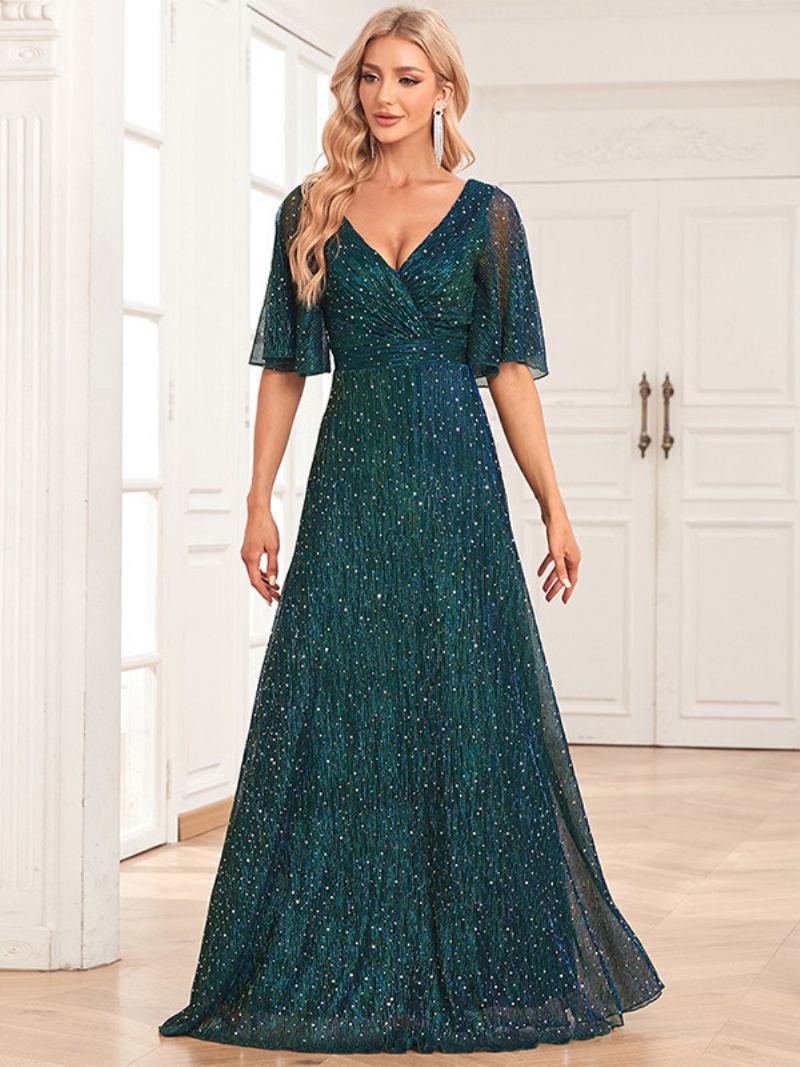 Vestidos Maxi Femininos Lantejoulas Com Decote Em V Sem Costas Evasê Vestido Baile Formatura - Verde Escuro