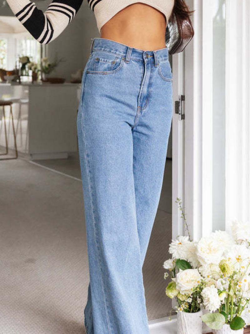 Calça Feminina Cowgirl Reta Perna Larga Cor Sólida Casual Moderna - Bebê Azul