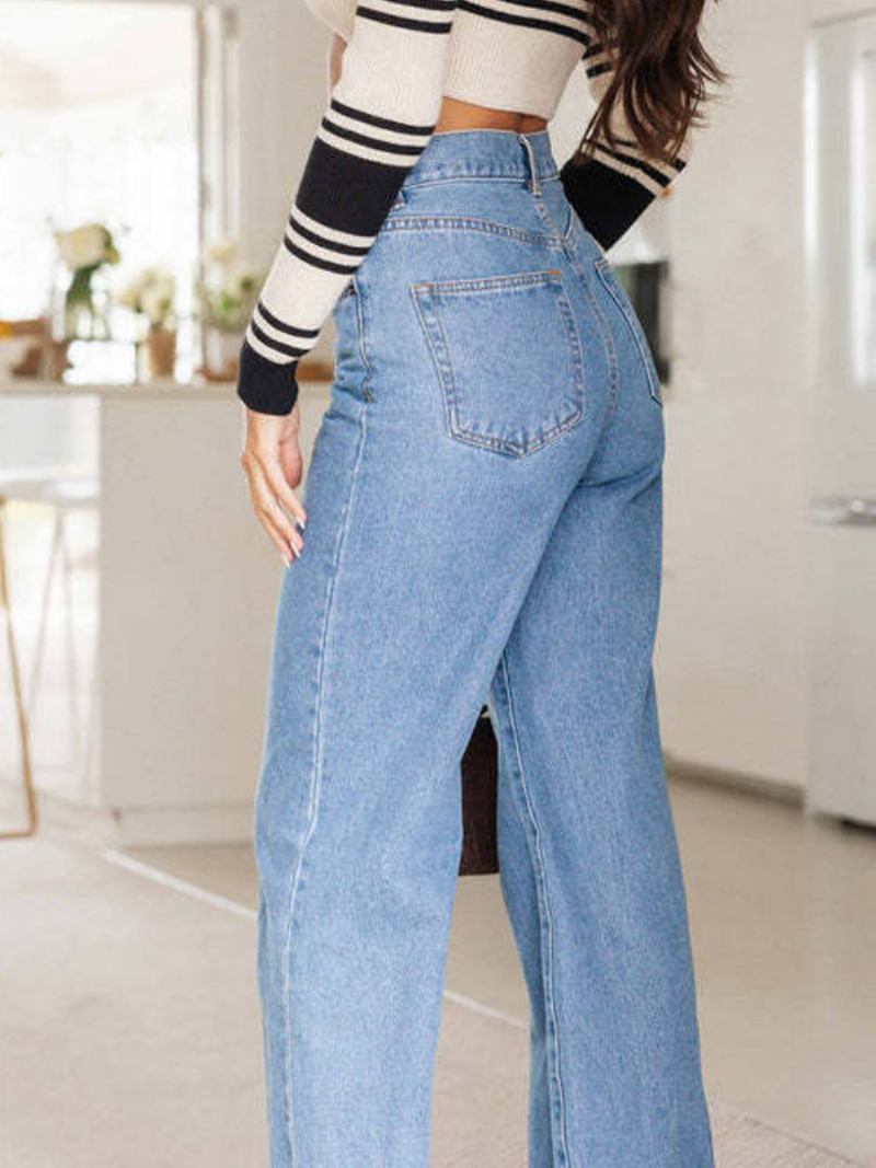 Calça Feminina Cowgirl Reta Perna Larga Cor Sólida Casual Moderna - Bebê Azul