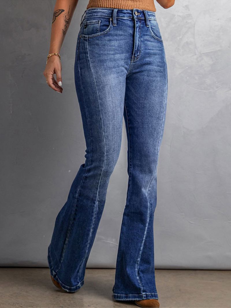 Calça Jeans Azul Cintura Alta Com Zíper E Flare Para Mulheres