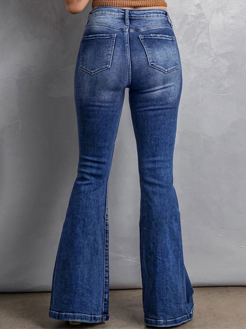 Calça Jeans Azul Cintura Alta Com Zíper E Flare Para Mulheres - Azul