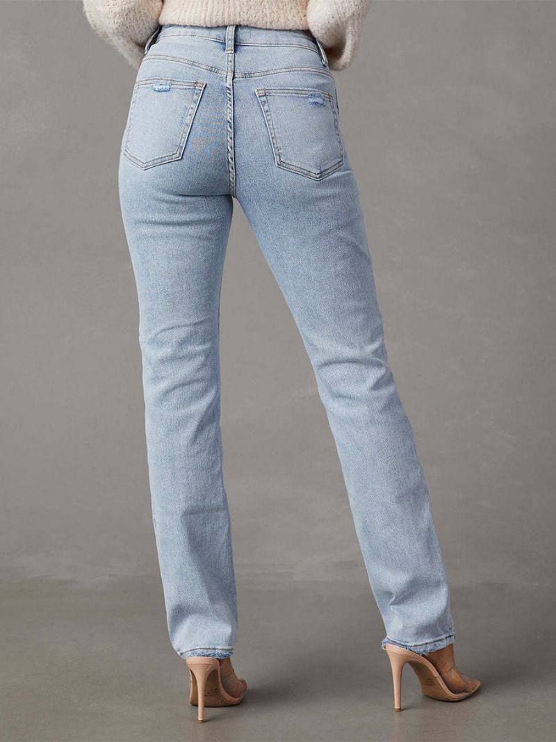 Calça Jeans Clássica Com Zíper E Cintura Alta Feminina Em Azul Celeste Claro - Azul Céu Claro