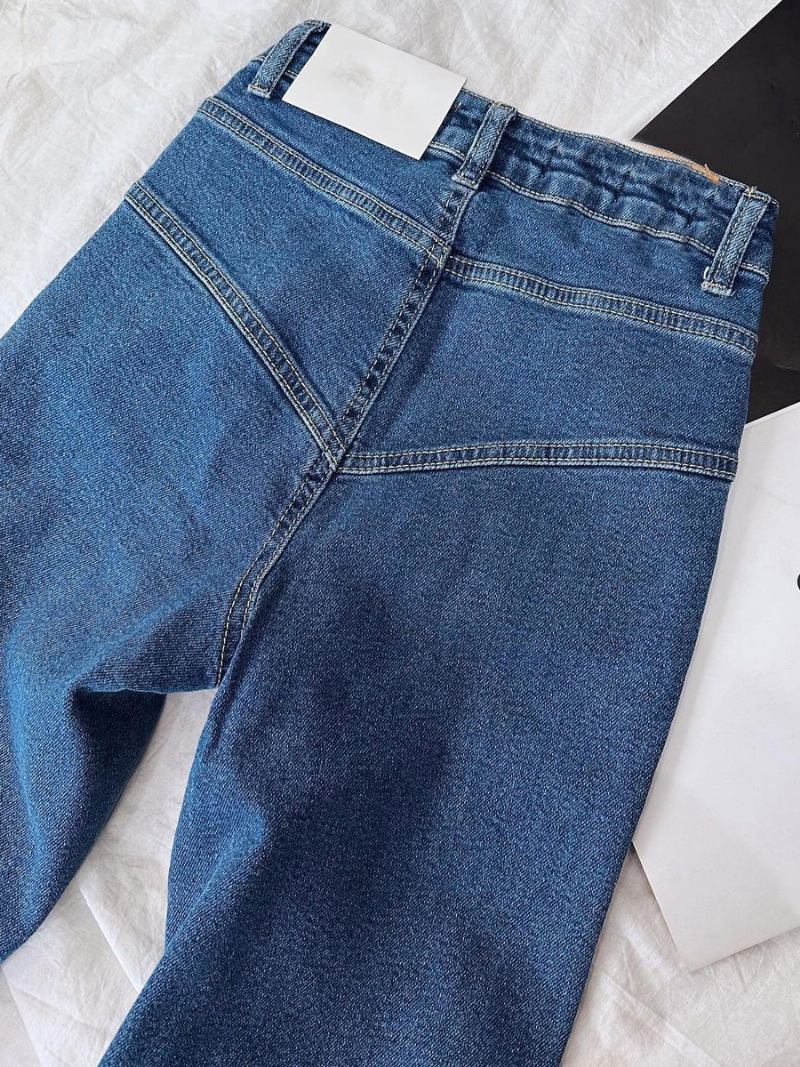 Calça Jeans Cowboy Chique Com Botões Cintura Alta E Perna Reta Para Mulheres - Azul