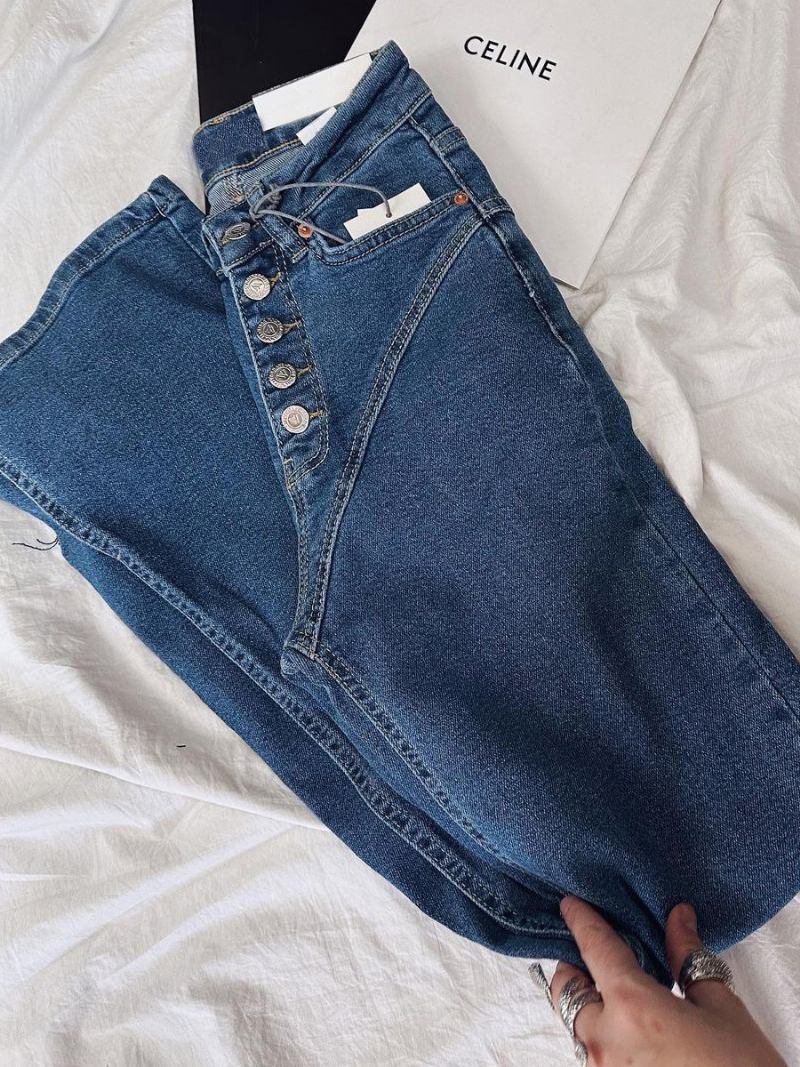 Calça Jeans Cowboy Chique Com Botões Cintura Alta E Perna Reta Para Mulheres - Azul