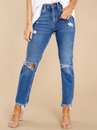 Calça Jeans Desgastada Com Ajuste Afunilado E Borla Zíper Mosca Feminina