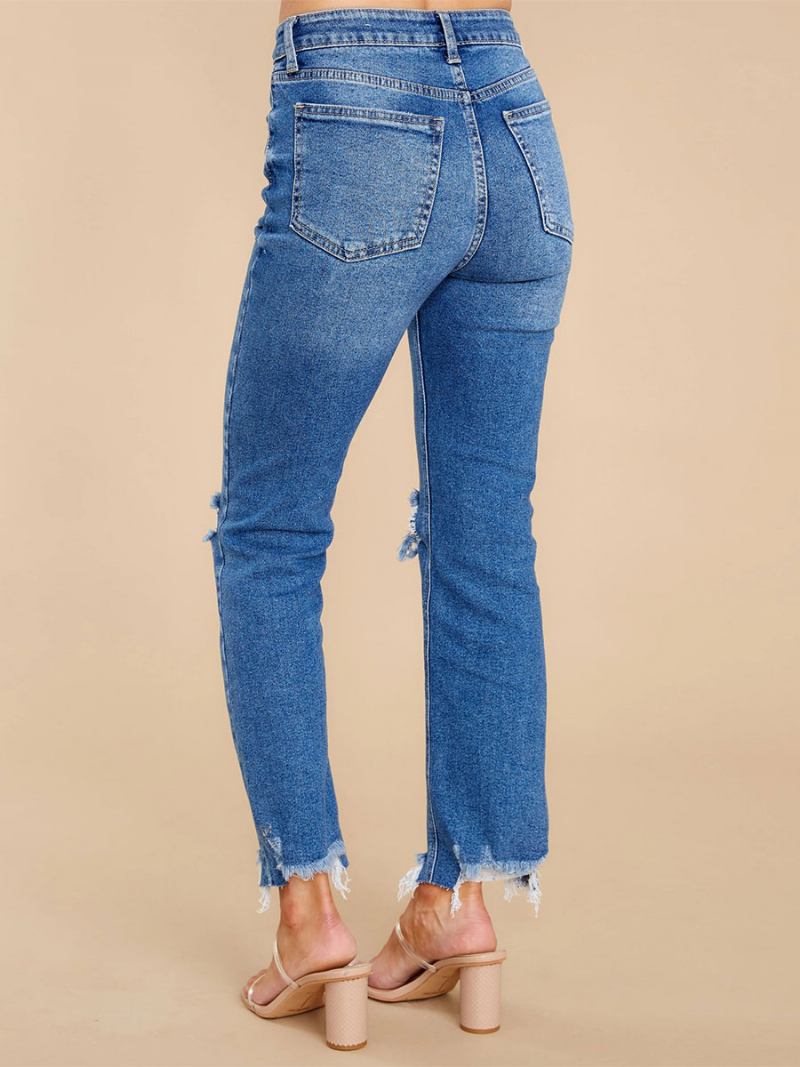 Calça Jeans Desgastada Com Ajuste Afunilado E Borla Zíper Mosca Feminina - Azul