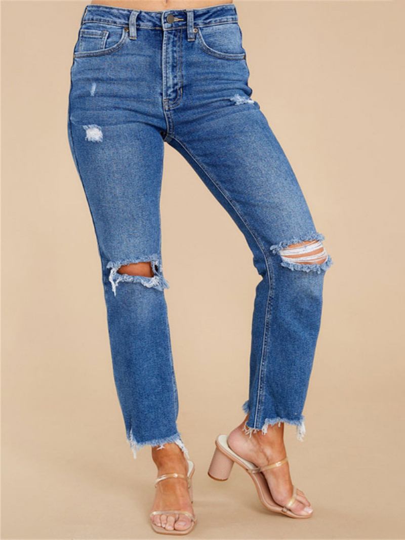 Calça Jeans Desgastada Com Ajuste Afunilado E Borla Zíper Mosca Feminina - Azul