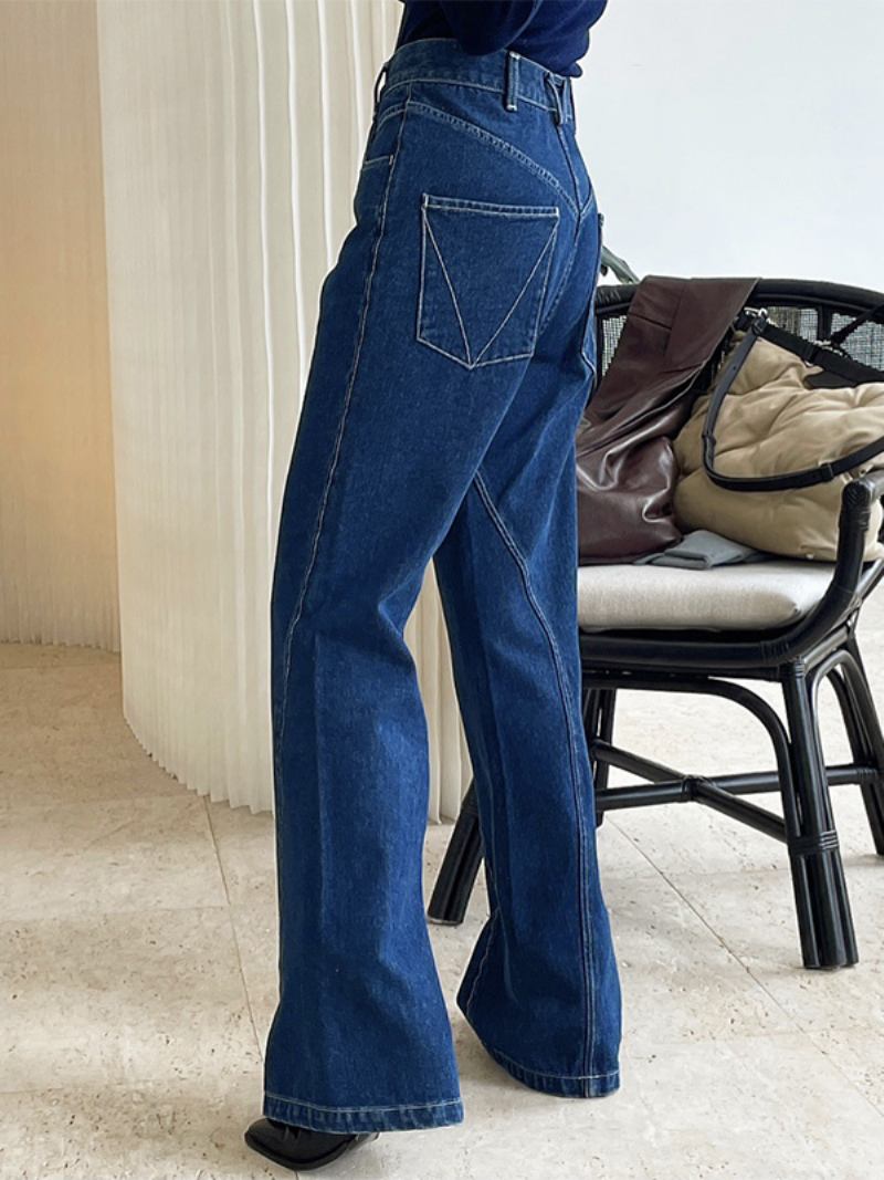 Calça Jeans Feminina Azul Larga Cintura Alta Com Zíper E Casual Irregular - Azul