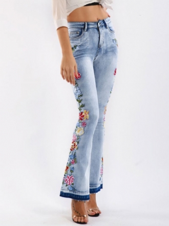 Calça Jeans Feminina Bootcut Cintura Média Bordada Flare