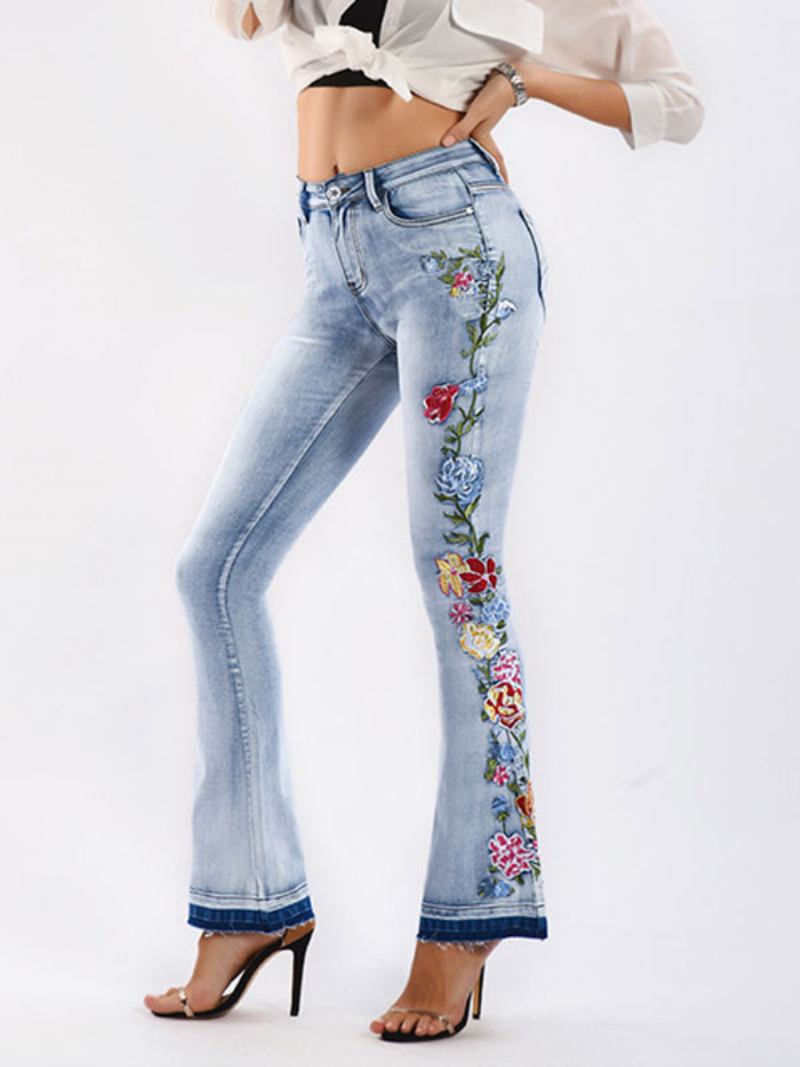 Calça Jeans Feminina Bootcut Cintura Média Bordada Flare - Azul