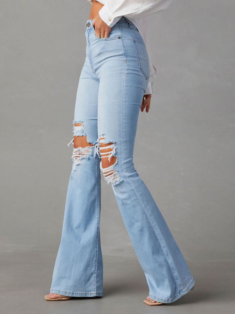 Calça Jeans Feminina Casual Cintura Elevada Poliéster - Azul Céu Claro