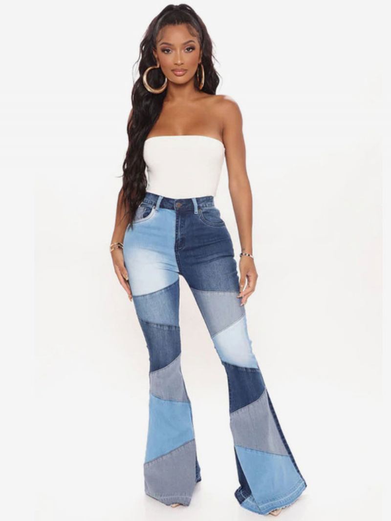 Calça Jeans Feminina Casual Geométrica Algodão Bell Bottoms - Azul