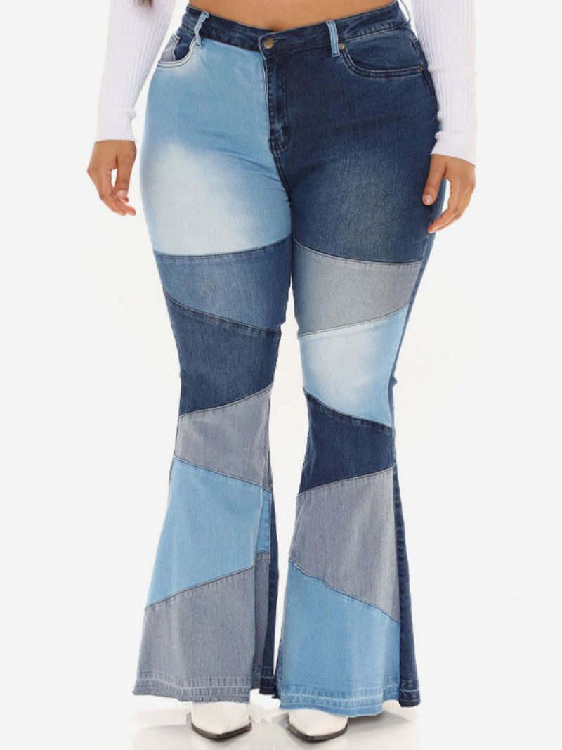 Calça Jeans Feminina Casual Geométrica Algodão Bell Bottoms - Azul