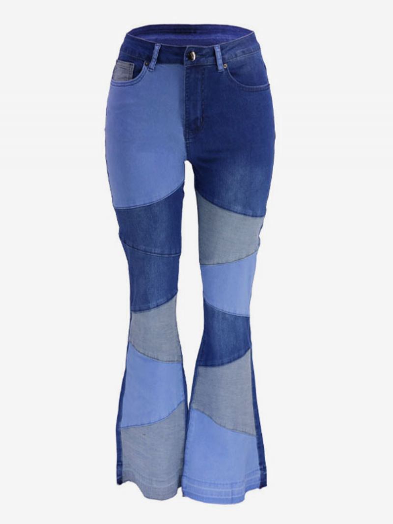 Calça Jeans Feminina Casual Geométrica Algodão Bell Bottoms - Azul