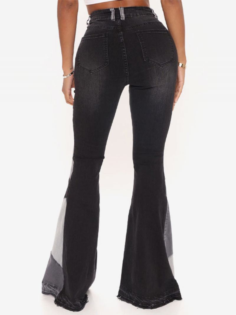 Calça Jeans Feminina Casual Geométrica Algodão Bell Bottoms - Preto