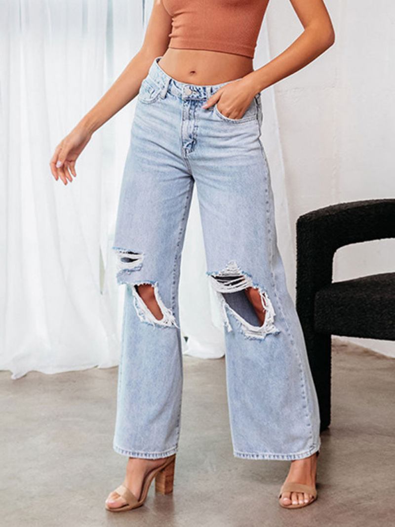 Calça Jeans Feminina Chique Franja Cintura Elevada Poliéster