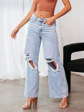 Calça Jeans Feminina Chique Franja Cintura Elevada Poliéster