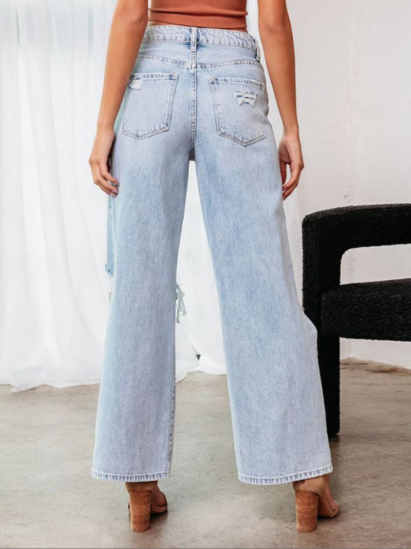 Calça Jeans Feminina Chique Franja Cintura Elevada Poliéster - Azul Céu Claro